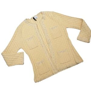 Vintage Powwow pale yellow zip up cable knit cardigan crochet hems beaded medium